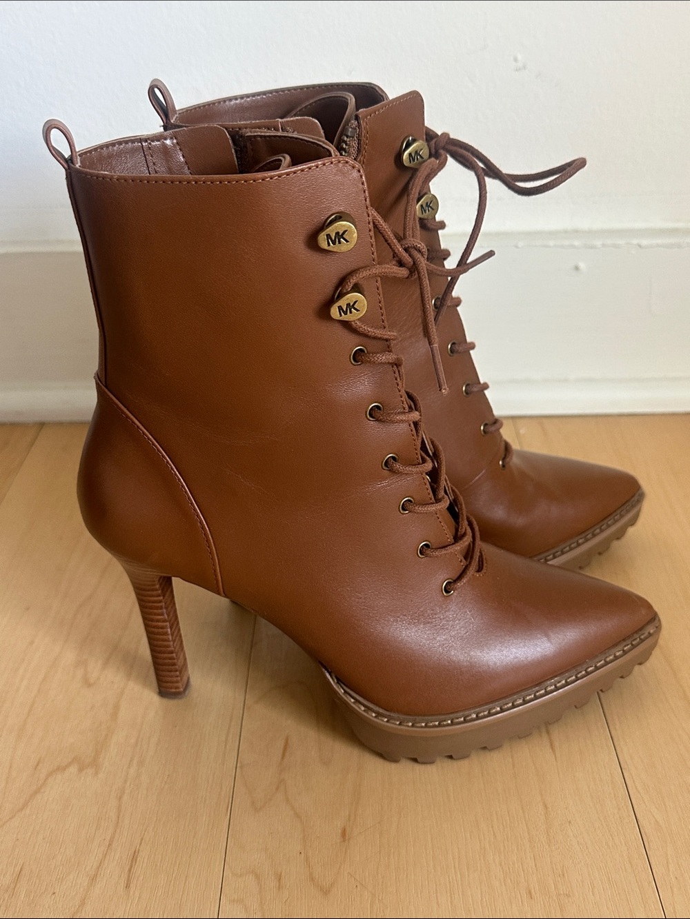 Michael Kors Cognac Lace-Up Leather Heeled Ankle Boots - Picture 1 of 5